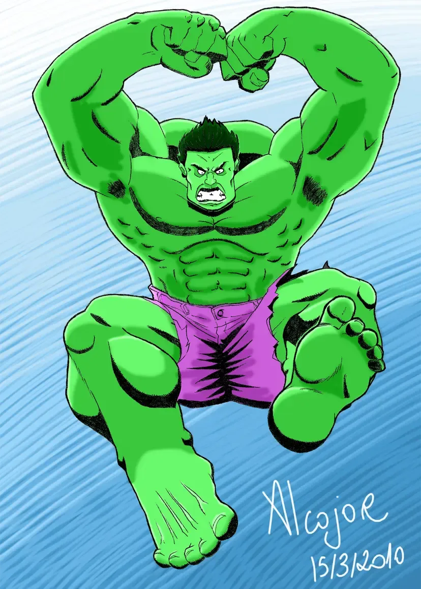 The image is a dynamic illustration of the Hulk in an action-packed pose. He is mid-air, leaning forward aggressively, with his fists clenched together above his head, preparing to deliver a powerful strike. The Hulk's muscular green body is highly detailed, emphasizing his massive strength. He wears his signature tattered purple shorts, and his face is contorted with rage, showcasing his intensity. The background features diagonal strokes in blue and white, suggesting motion and energy. The bold colors and dramatic perspective enhance the sense of power and movement in the artwork.