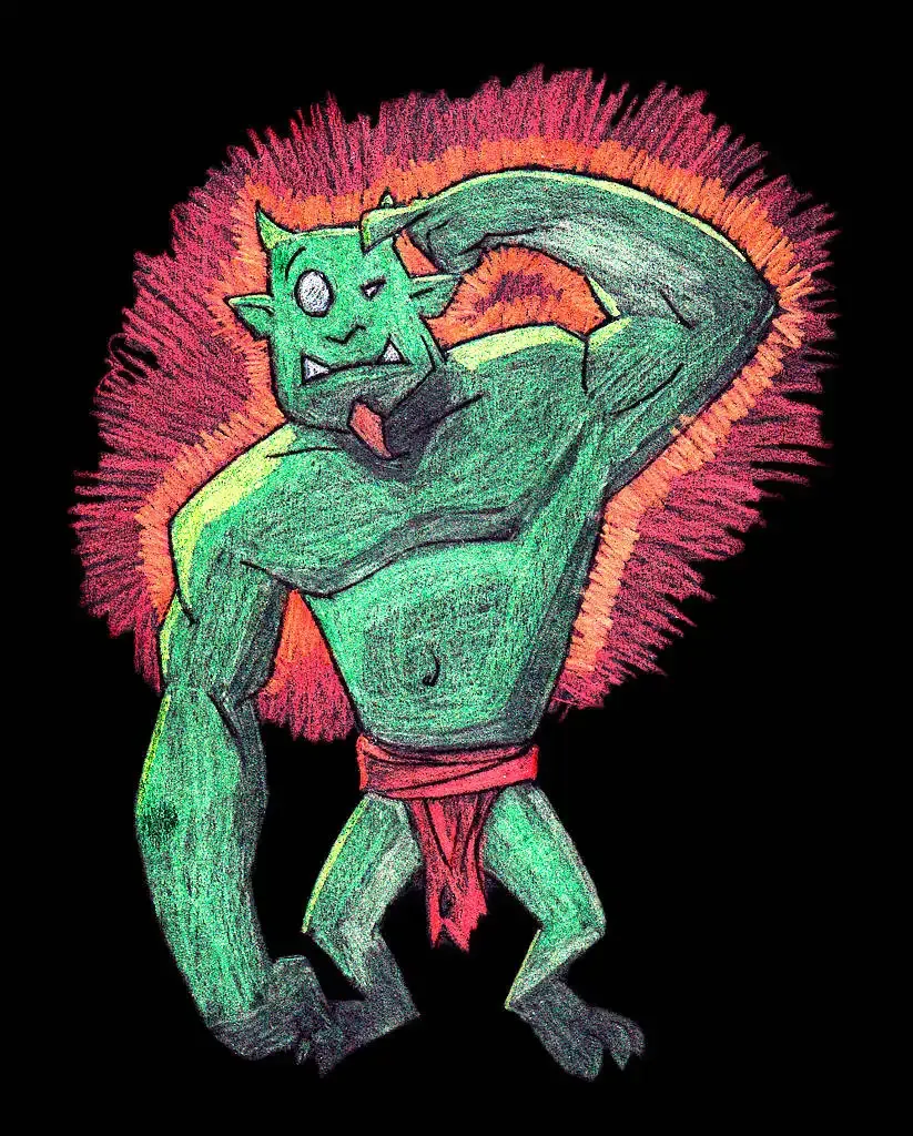 The image depicts a muscular green-skinned ogre with two eyes, though one eye is nearly closed, giving the impression of a squint. The ogre has sharp teeth, pointed ears, and a small goatee. It is flexing its right arm and pointing to its temple with its left hand in a confident or smug gesture. The creature wears a red loincloth, and a vibrant, fiery aura of red and orange hues surrounds it, contrasting with the dark background. The illustration has a bold, hand-drawn, colored-pencil style, emphasizing its dynamic and expressive design.