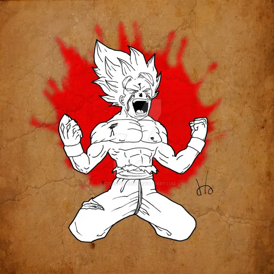 The image features Super Saiyan Goku, from Dragon Ball, depicted in a dramatic, intense pose. He is kneeling with both fists clenched and raised, screaming with his mouth wide open and his face expressing raw emotion. His iconic spiky hair stands upright, emphasizing his power and energy. Goku's upper body is bare, showcasing his defined muscles, and his pants are torn, suggesting the aftermath of a fierce battle. Behind him, a striking red splash symbolizes Japan bleeding, serving as a metaphor for struggle or sacrifice. The background is textured with a brown, parchment-like appearance, adding depth and a sense of history to the artwork.