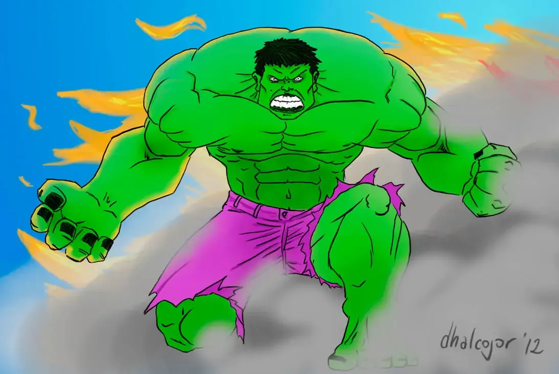 The image portrays the Hulk, a well-known Marvel Comics character, in a dynamic and aggressive pose. His muscular, green body is crouched low, with one massive fist extended toward the viewer, emphasizing his raw power and imposing presence. He wears his signature tattered purple pants, and his face is contorted in a fierce expression of anger or determination, with clenched teeth and glowing eyes. The background features flames and smoke, creating an atmosphere of destruction and chaos. The sky above is a gradient of blue, contrasting with the fiery scene below. The artwork combines bold colors and strong outlines, capturing the Hulk's iconic rage and strength.