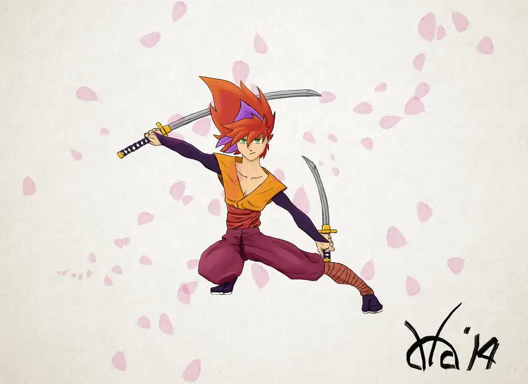 The image features a dynamic anime-style character in a battle-ready pose. The character has spiky red and purple hair and green eyes, exuding a fierce and determined expression. They are dual-wielding curved swords, with one arm extended back and the other forward, showcasing their agility and readiness for combat. The outfit consists of a sleeveless orange top, maroon pants, a red sash around the waist, and dark arm sleeves. Bandages wrap around their lower legs, and they wear black shoes. The background is light beige with soft pink cherry blossom petals scattered, adding a contrast of elegance to the action-oriented pose.