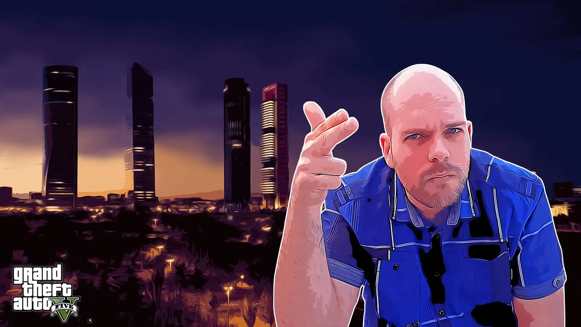 The image shows a stylized, digitally edited composition featuring me in the foreground against a nighttime Madrid skyline. I have a bald head, a trimmed beard, and a serious expression, wearing a blue shirt with black details. I am making a gesture with my right hand, mimicking a finger gun pointed outward. The background features four tall skyscrapers illuminated against a dark purple and orange gradient sky, with the city lights glowing below. In the lower left corner, the "Grand Theft Auto V" logo is prominently displayed. The overall style is graphic and illustrative, blending realism with digital art techniques.