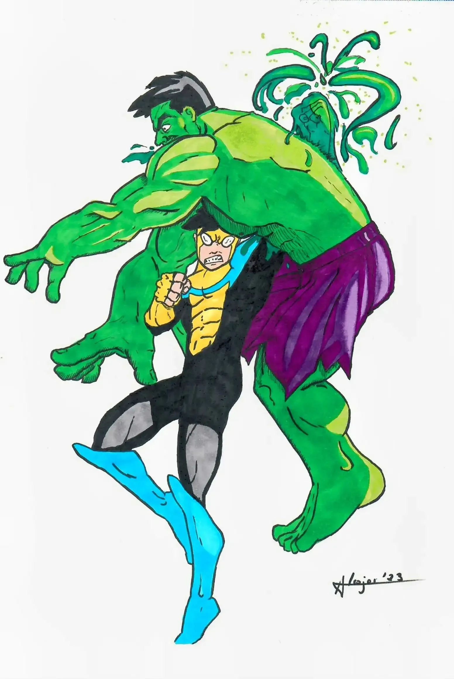 The image depicts a dynamic action scene featuring two iconic superhero characters in a confrontation. The Hulk, a large green muscular figure wearing purple shorts, is being lifted by another character—Invincible, recognized by his yellow, blue, and black superhero costume. The Hulk’s expression is one of surprise as he is being pierced by Invincible's punch with immense force, while the Hulk's green blood sprays from the impact, adding intensity to the motion. Invincible appears tense in an uppercut motion. The artwork uses bold outlines and vivid colors to capture the dramatic clash.