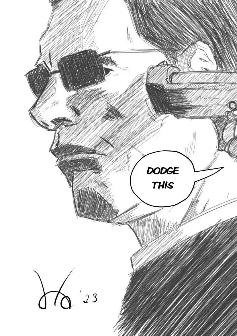 La imagen es un boceto en blanco y negro que recrea una escena icónica de la película The Matrix. Presenta un perfil cercano de uno de los Agentes, que lleva gafas oscuras y muestra una expresión estoica. Un arma está apuntando a la sien del Agente, haciendo referencia al momento en el que Trinity lo confronta mientras dice "Dodge this" (Esquiva esto). El globo de diálogo junto al Agente contiene el texto "DODGE THIS", replicando la famosa frase. El boceto emplea trazos cruzados para sombrear, añadiendo un efecto dramático y texturizado.