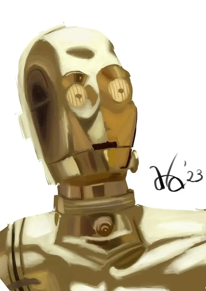 The image is a digital painting of C-3PO, the iconic golden protocol droid from Star Wars. The artwork focuses on the upper body and head, showcasing his metallic, gold-toned surface with a slightly weathered and textured appearance. His expressive circular eyes and distinct angular features are emphasized, capturing his characteristic look. The background is plain white, drawing full attention to the character. The style combines smooth shading and painterly strokes, giving a modern and artistic interpretation of the beloved droid.