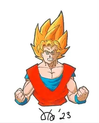 The image is a colored illustration of Goku from Dragon Ball in his Super Saiyan form. The artwork depicts Goku from the waist up, with his iconic spiky golden hair standing upright and a determined expression on his face. He is wearing his signature orange gi with a blue undershirt and wristbands, clenching his fists as if preparing for battle. The background is plain white, drawing attention to the vibrant colors and details of the character. The bold and clean lines highlight Goku's intense and powerful presence.