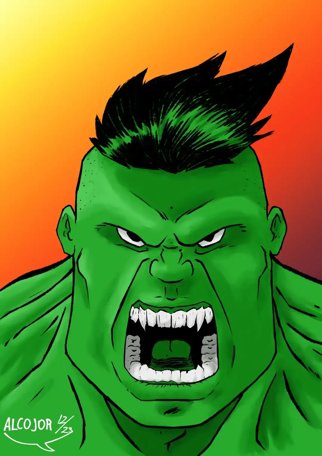 The image is a close-up illustration of the Hulk, showcasing his face in an intense moment of rage. His green skin contrasts sharply with his dark, spiked hair, and his eyes are narrowed in fury. The Hulk's mouth is wide open, revealing sharp, clenched teeth, adding to the ferocity of his expression. The background features a gradient of warm orange and red tones, enhancing the dramatic and fiery atmosphere. The bold lines and vivid colors emphasize the raw power and emotion of the character.