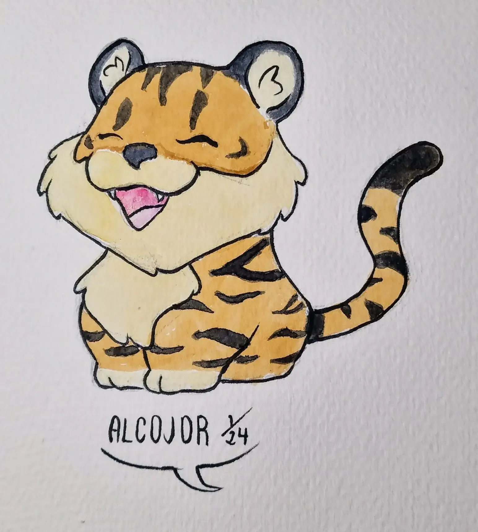 The image is a hand-drawn, watercolor illustration of a chibi-style tiger. The tiger has a round and playful design, with a fluffy cream-colored chest and large black-striped orange fur. Its ears are rounded, with black tips and light inner coloring, and its tail is long with dark stripes. The tiger’s expression is cheerful, with closed eyes and an open mouth showing a pink tongue, giving it a happy and content look. The texture of the watercolor gives it a soft, natural feel. The overall style is cute and whimsical, radiating warmth and joy.