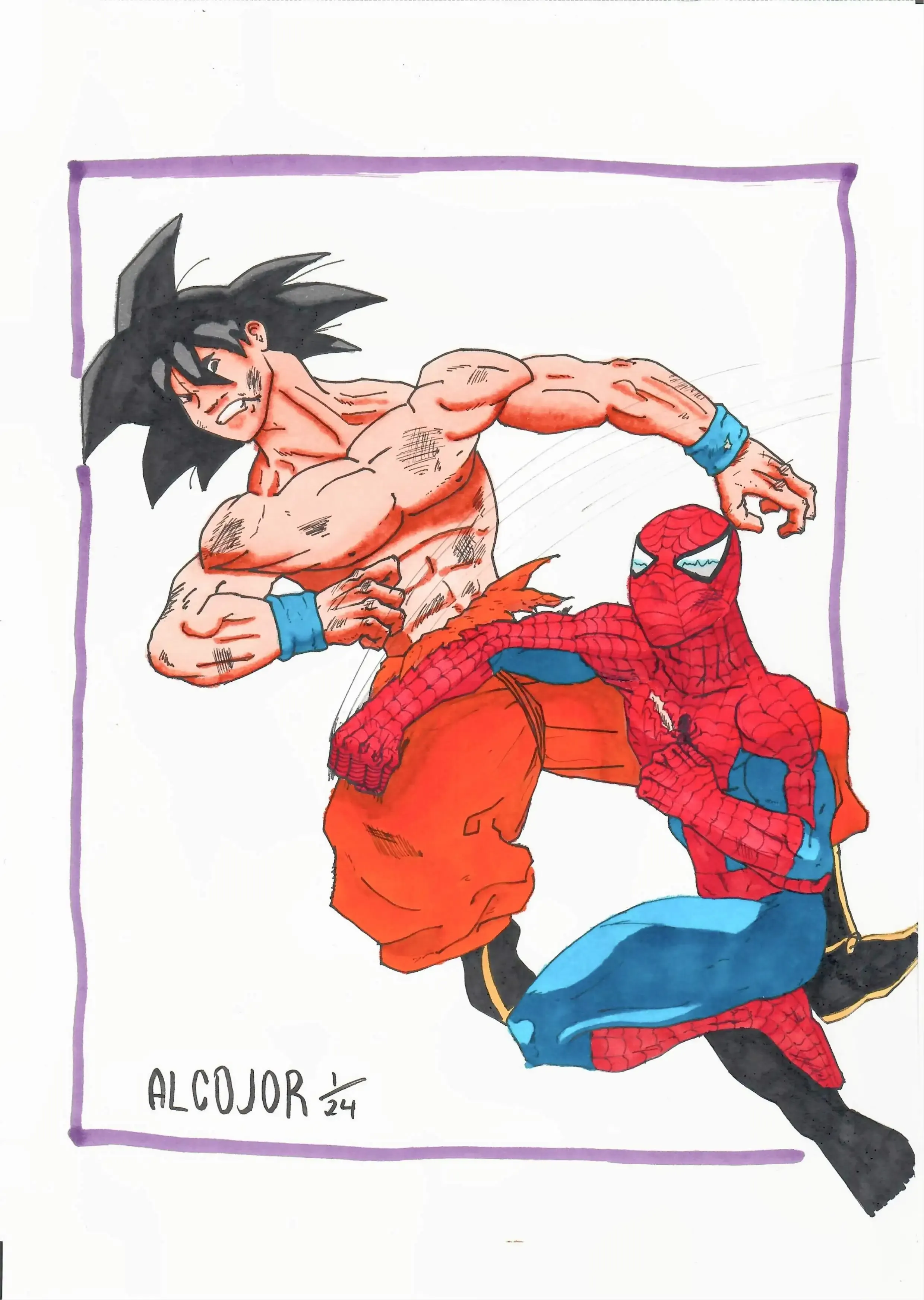 The image is a colorful illustration of a dynamic battle scene between Goku from Dragon Ball and Spider-Man from Marvel Comics. Goku, depicted shirtless with his iconic orange pants and blue wristbands, is mid-motion, receiving a powerful punch with intense focus on his face. His muscular physique and black spiky hair are prominently detailed. Spider-Man, wearing his classic red and blue suit with web patterns, is delivering the punch. The action is framed within a purple border, adding a comic-style aesthetic. The illustration conveys energy and tension, highlighting the contrasting styles of these two iconic characters.