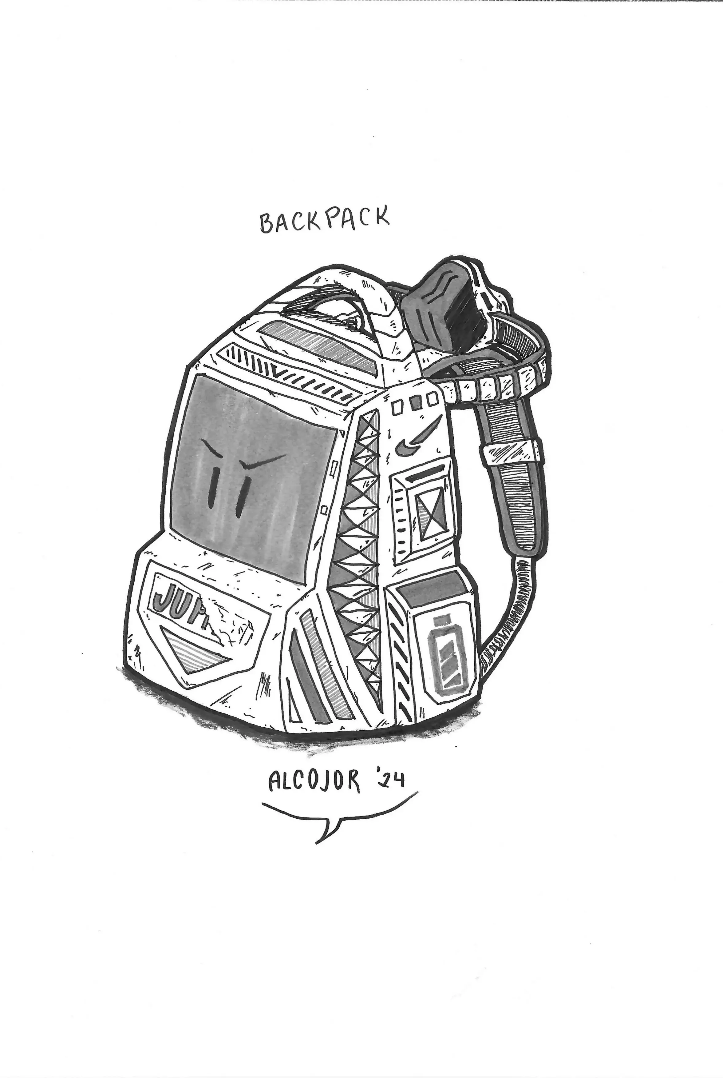 The image is a black-and-white illustration of a futuristic backpack. The backpack has a boxy, angular design with intricate geometric patterns and details on its surface, giving it a high-tech appearance. The front panel features an angry-looking face with slanted eyes, adding a playful or menacing personality to the design. The straps and handle are detailed with shading, emphasizing the three-dimensional structure. The overall style is clean and imaginative, blending functionality with creativity.