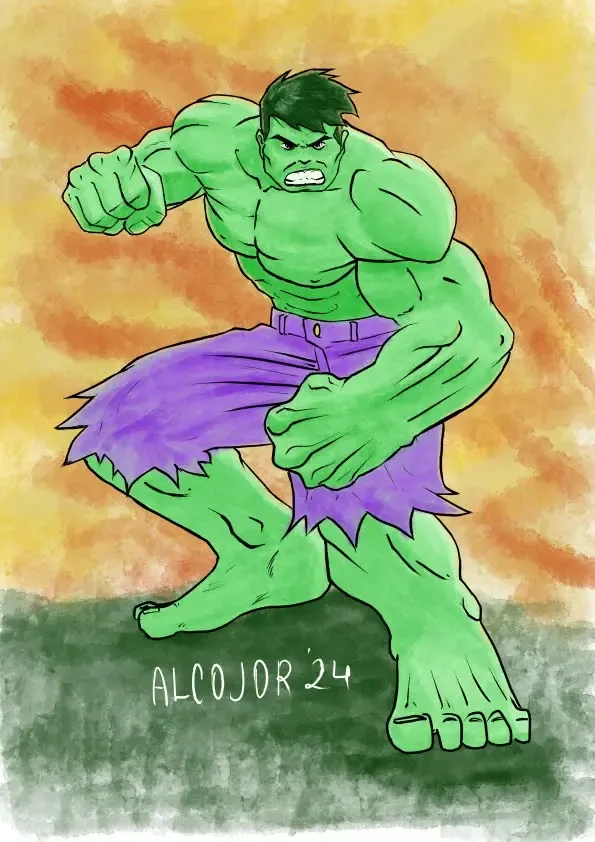 The image is a colorful illustration of the Hulk in an action pose. He stands with a wide stance, his fists clenched, and his face contorted in anger, ready for a fight. The Hulk's green, muscular body is prominently displayed, wearing his signature tattered purple shorts. The background is textured with warm shades of orange and yellow, transitioning into green at the bottom, creating a fiery and dynamic atmosphere. The bold lines and vibrant colors emphasize the raw power and intensity of the character.