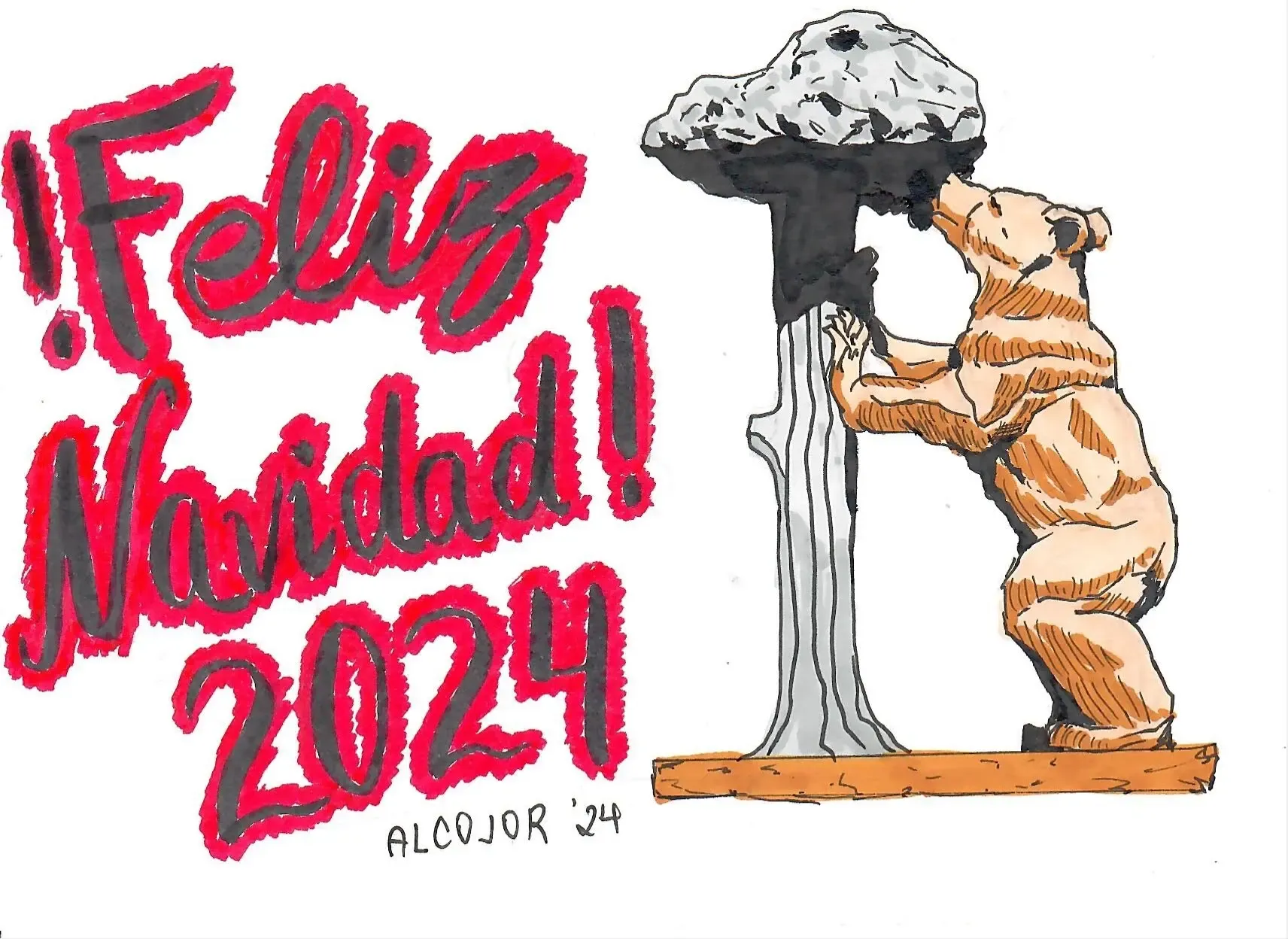 The image is a festive illustration with the text "!Feliz Navidad! 2024" written in bold, stylized letters with a red outline and black fill, giving it a vibrant and cheerful appearance. To the right, there is a drawing of a bear standing on its hind legs, leaning against the iconic "Madroño" tree with a strawberry tree (the symbol of Madrid). The overall composition combines festive cheer with cultural symbolism.