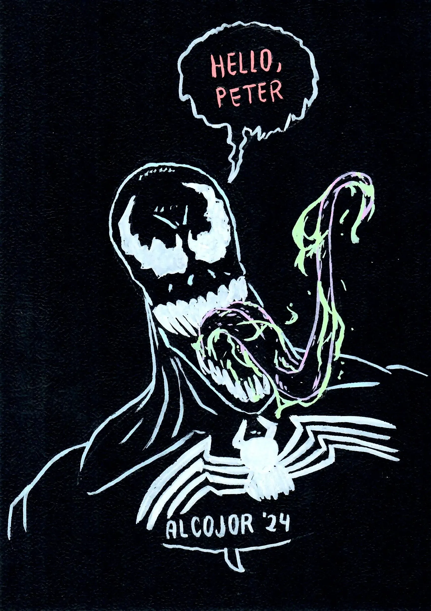 The image is a dark, dramatic illustration of Venom, the iconic Marvel character. Venom's menacing face is highlighted with his wide, toothy grin and large, white eyes that stand out against his black body. His long, twisted tongue, with glowing green and pink accents, slithers outward, adding a grotesque and eerie touch. Above him, a speech bubble reads "HELLO, PETER" in bold, red letters, referencing his dialogue from Spider-Man. Venom's signature white spider emblem is prominently displayed on his chest. The background is entirely black, emphasizing the character's sinister presence.