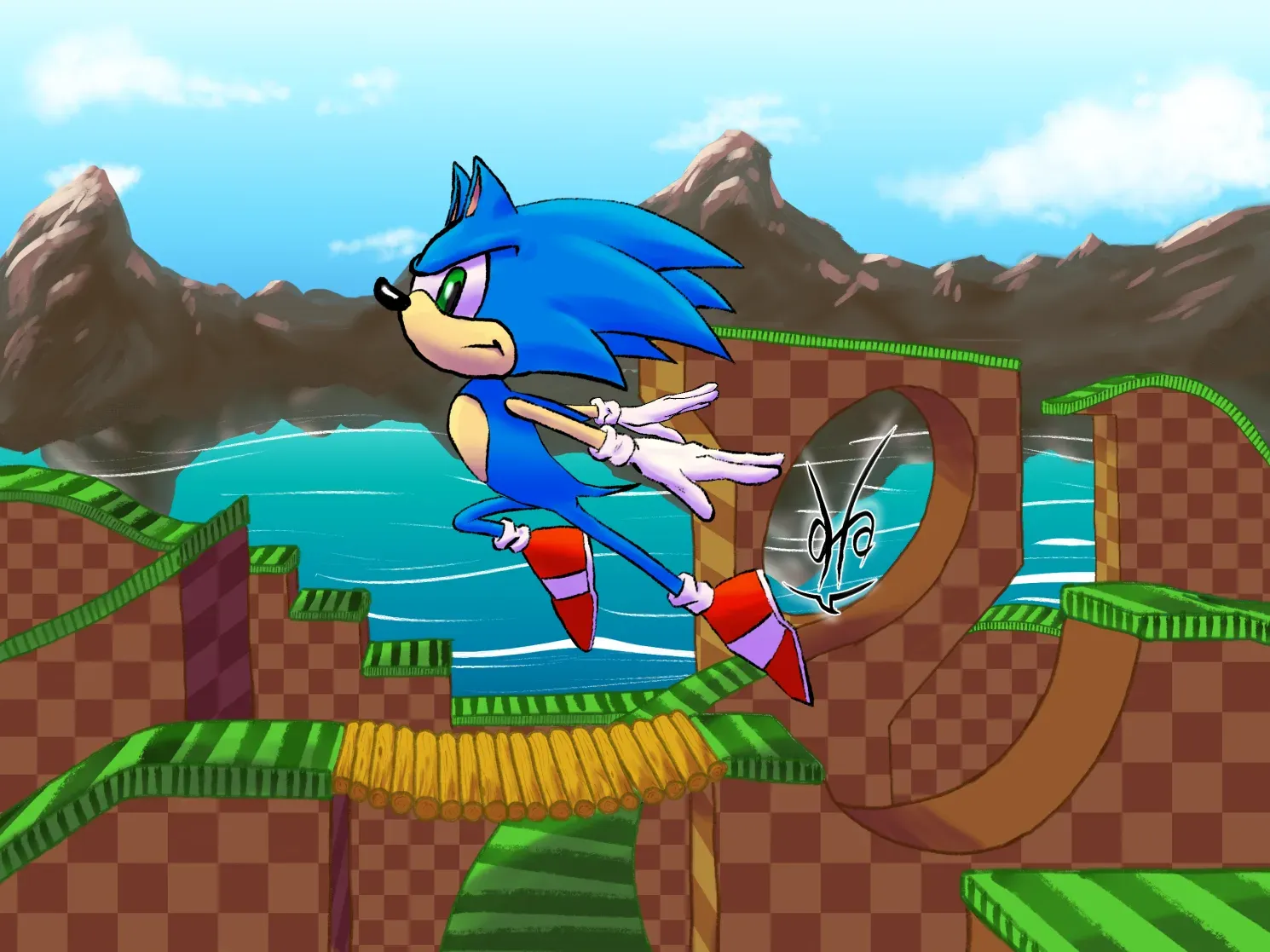 En primer plano, Sonic el erizo, saltando. En el fondo, Green Hill con un loop (en cuyo interior he puesto mi firma). A lo lejos, el mar y unas montañas (que se reflejan en el agua), un cielo azul y algunas nubes.