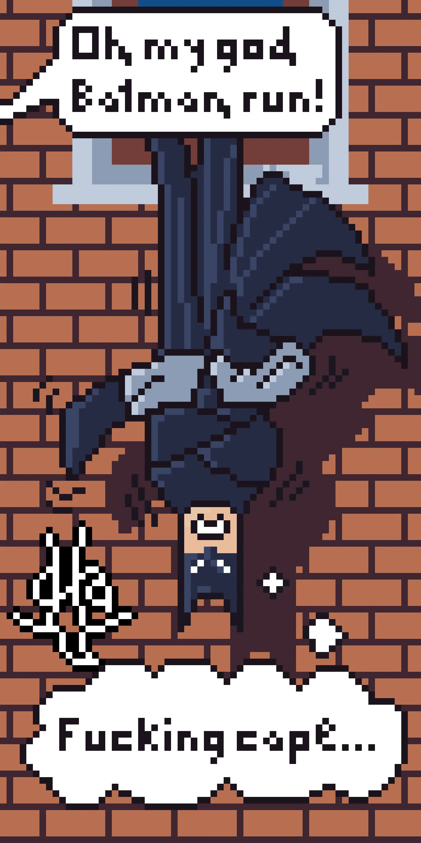 pixel art de un Batman un poco torpe, colgando boca abajo, liado en su propia capa. Arriba hay un bocadillo en el que se lee "Dios mío, Batman, corred!" y abajo un globo con el pensamiento de Batman "puta capa".